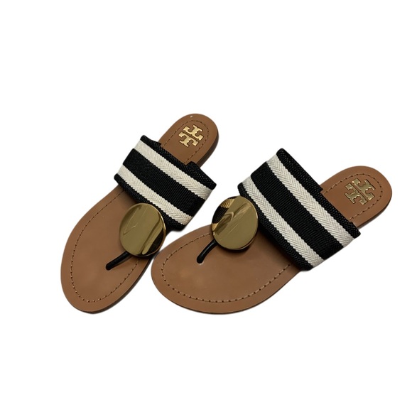 Tory Burch Black and White Striped Sandals - Picture 1 of 4